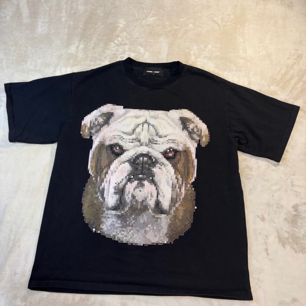 Homme + Femme Mens Black Pixelated Bulldog Beware Of Dog Graphic T-Shirt Large
